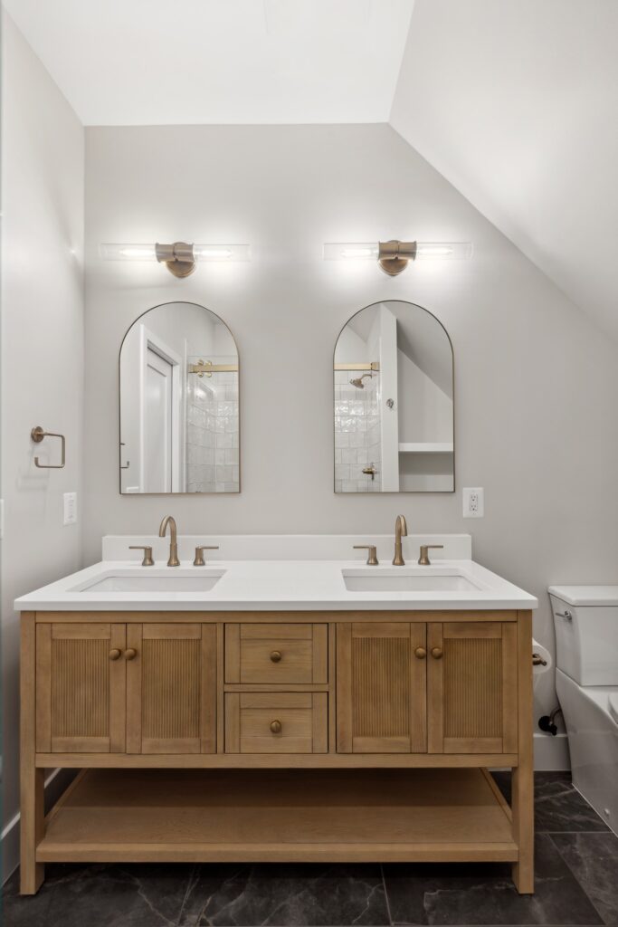 Modern Rustic Elegance Arched Mirror Double Vanity with Warm Wood Accents