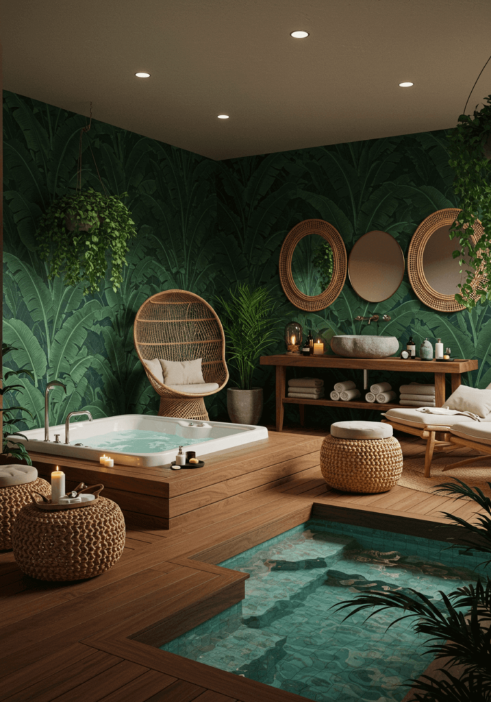 Modern Tropical Spa with Sunken Hot Tub & Rattan Decor