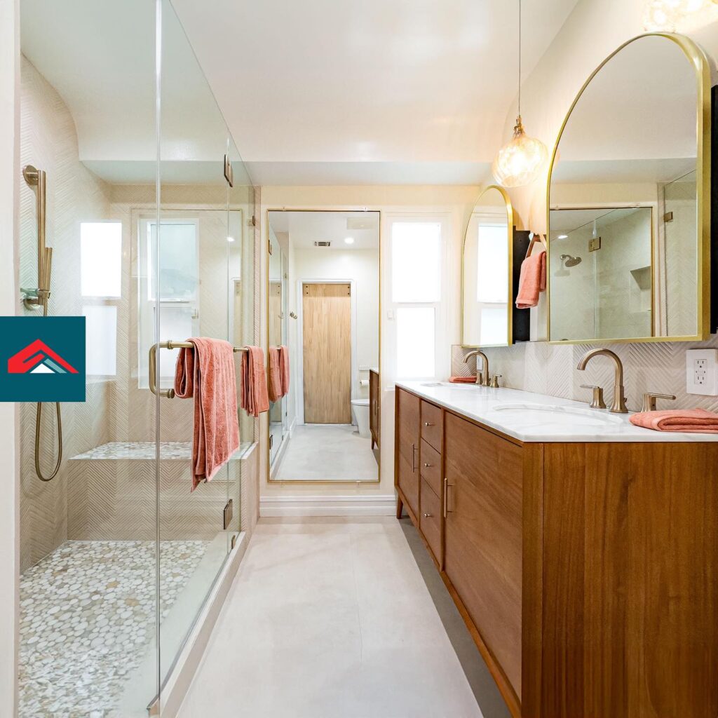 Modern Warmth Sleek Double Vanity with Elegant Shower Design