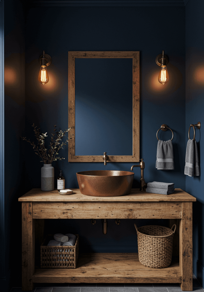 Moody Bathroom with Navy Walls and a Copper Sink