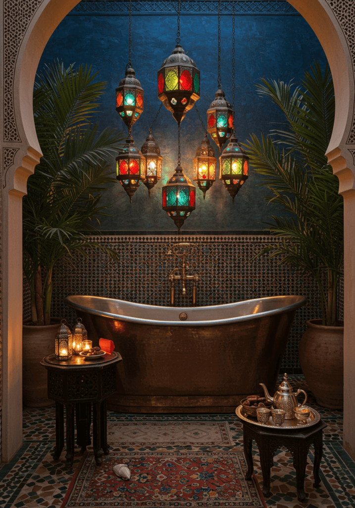 Moroccan Outdoor Bath with Mosaic Tiles & Copper Tub