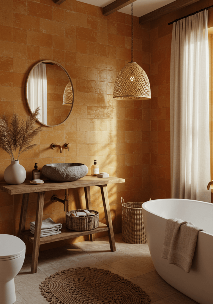 Ochre & Sandy Beige Boho Bathroom