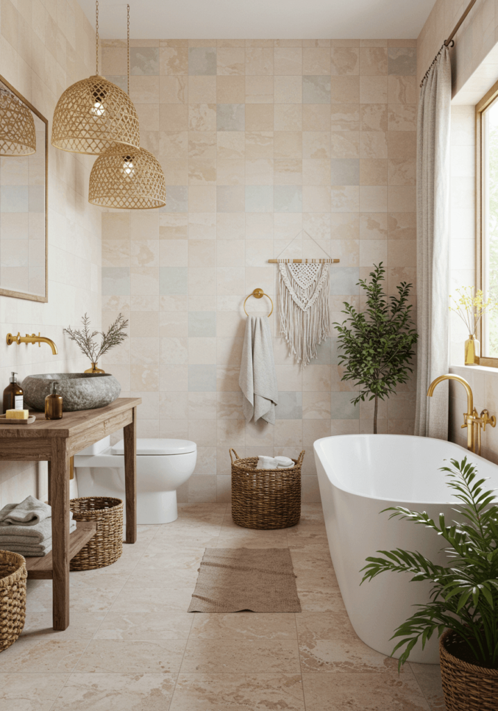 Pastel Zellige & Limestone Boho Bathroom
