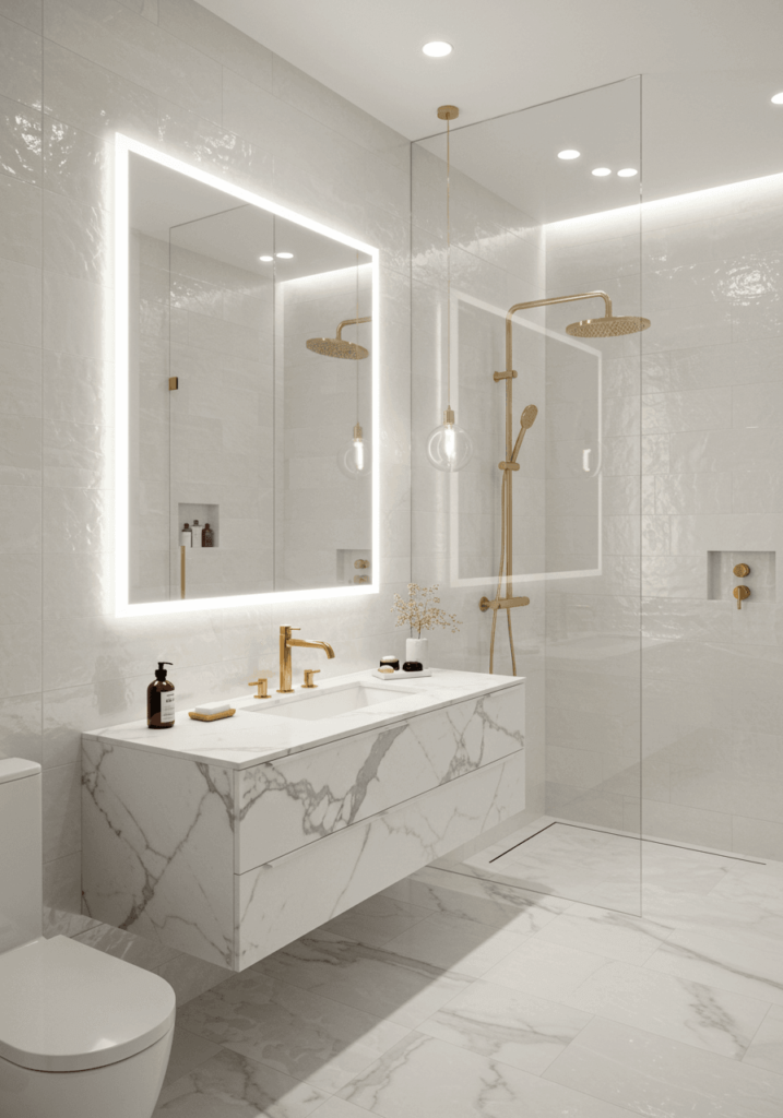 Pearlescent White & Floating Vanity Bathroom