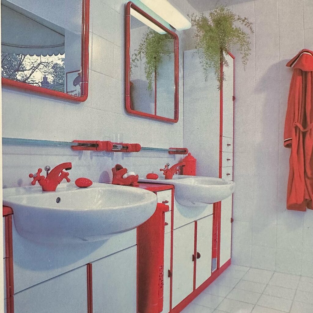 Retro Red & White Bathroom with Bold Accents
