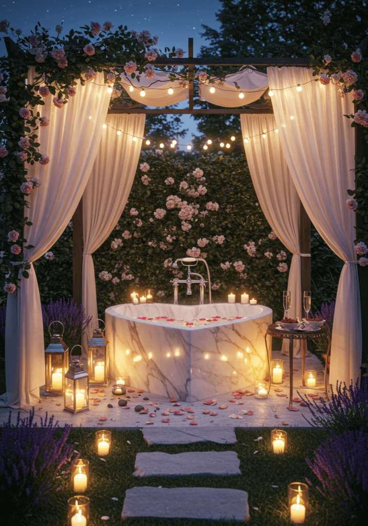 Romantic Bath with Heart-Shaped Tub & Fairy Lights