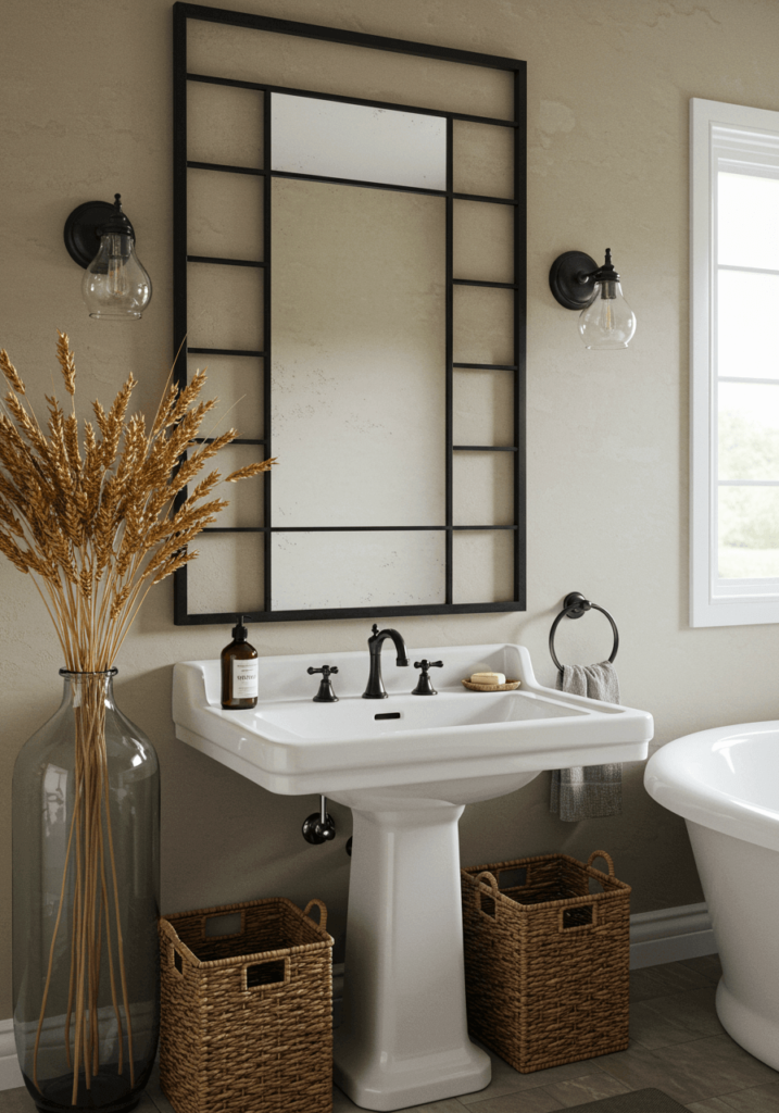 Rustic Bathroom with a Black Metal Mirror