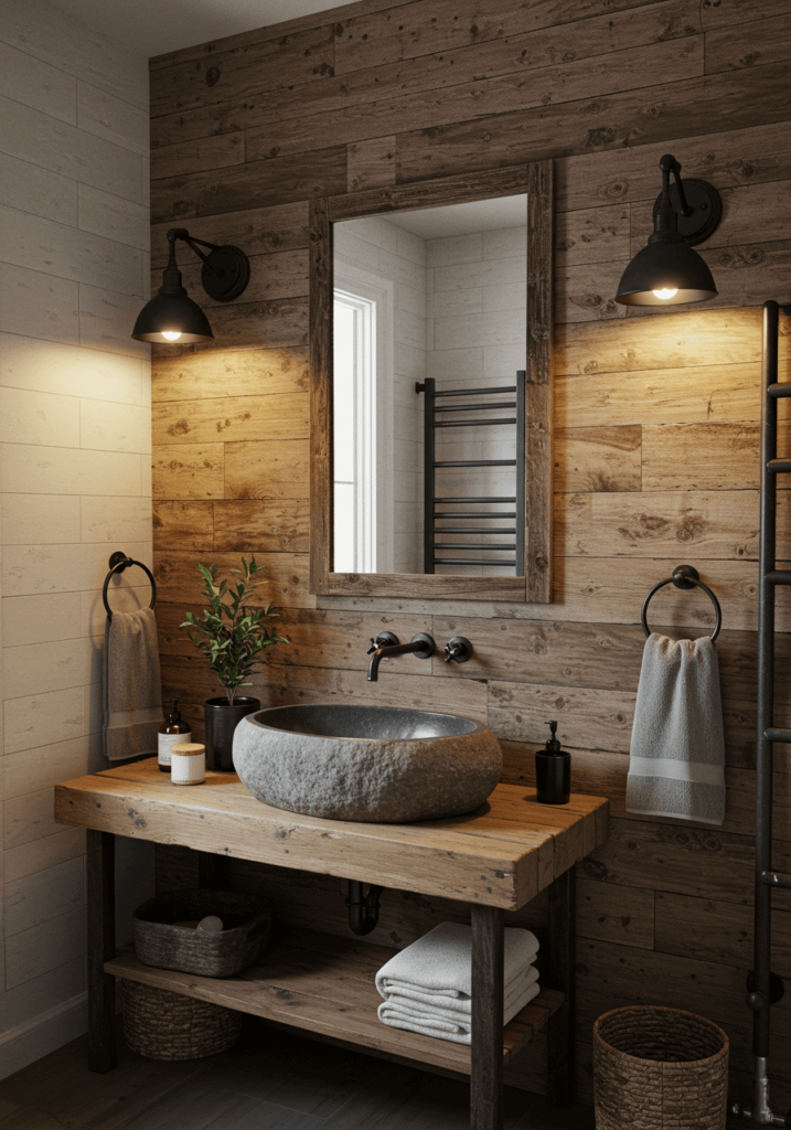 Rustic Bathroom with a Reclaimed Wood Accent Wall