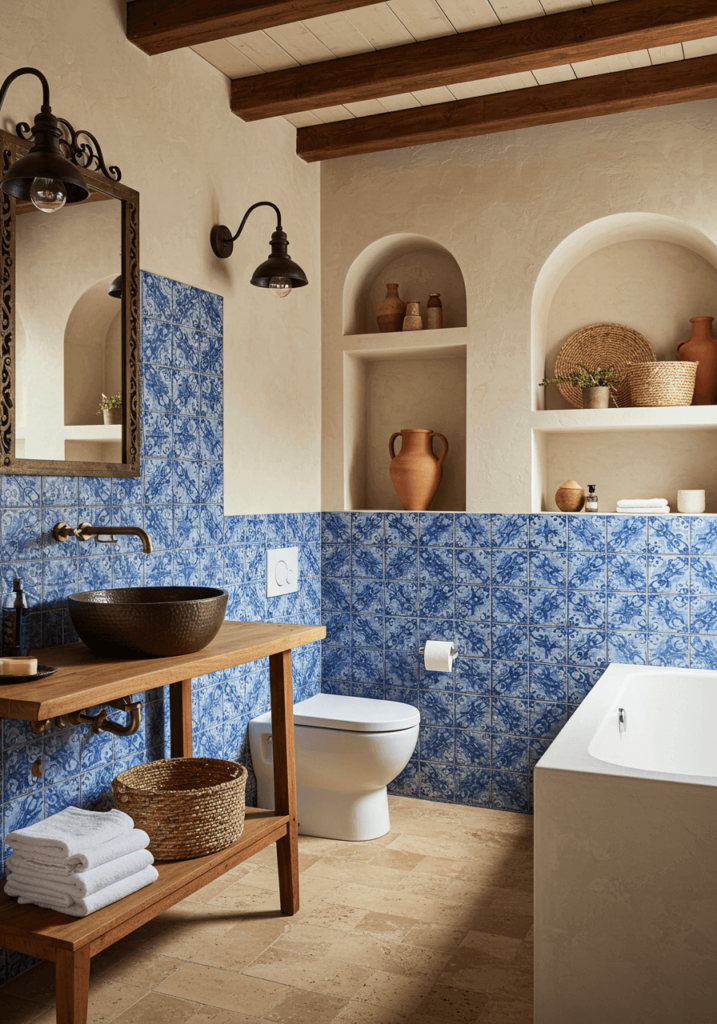 Rustic Mediterranean Blue & Stone Bathroom