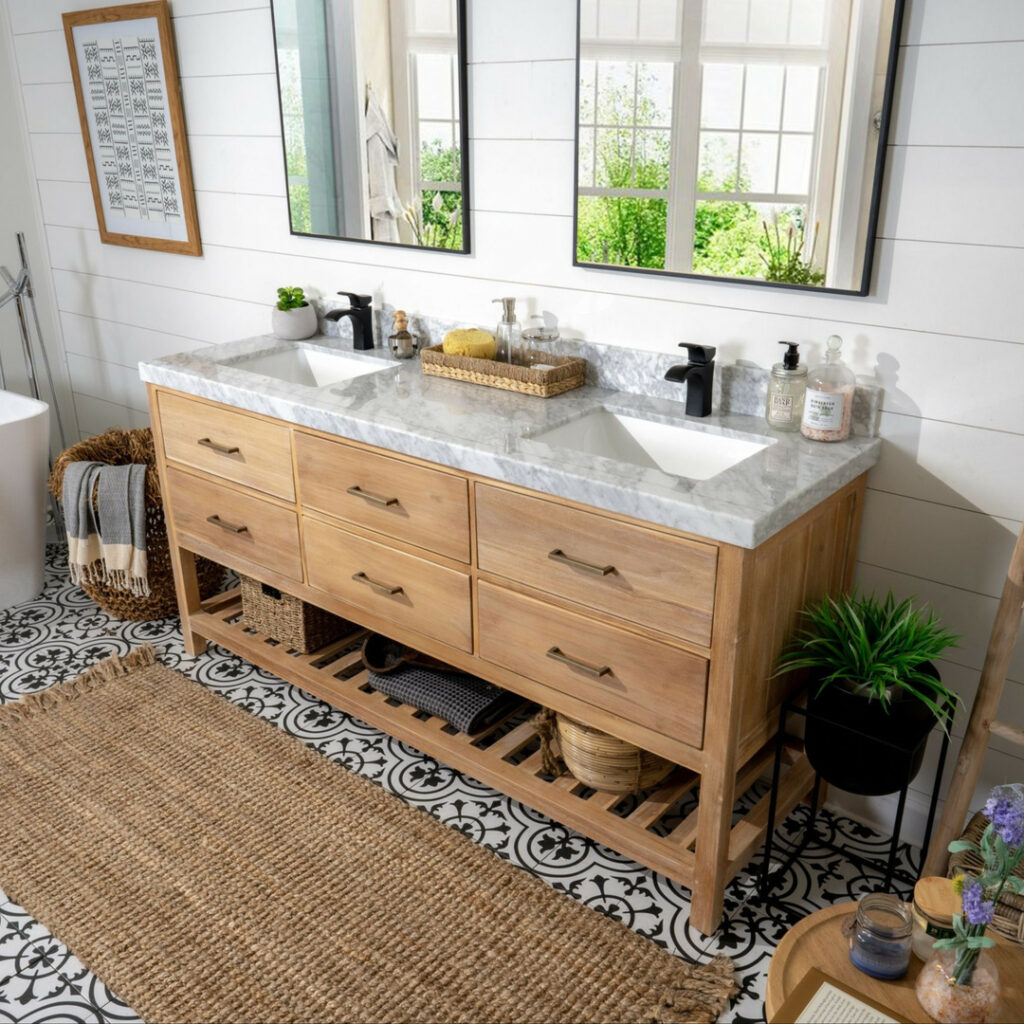 Rustic Farmhouse Double Vanity with Marble Countertop