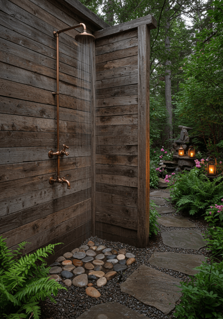Rustic Outdoor Shower with Aged Wood & Stone Pathway