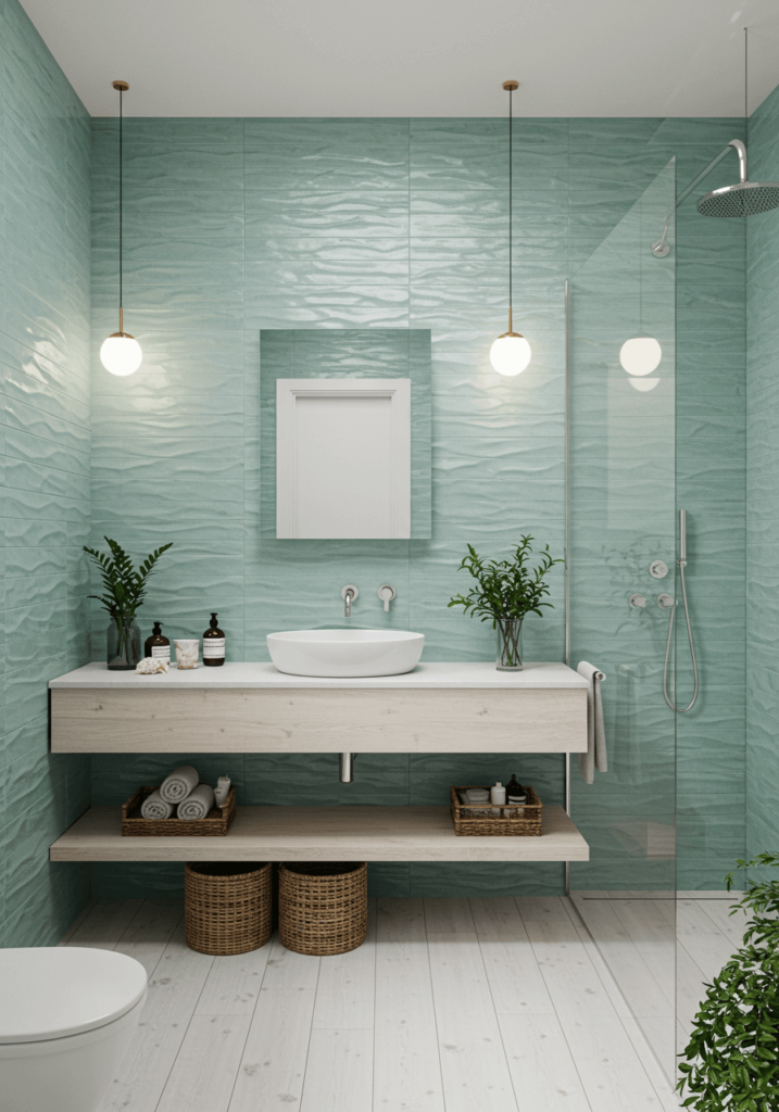 Seafoam Green Waves & Wood Floors
