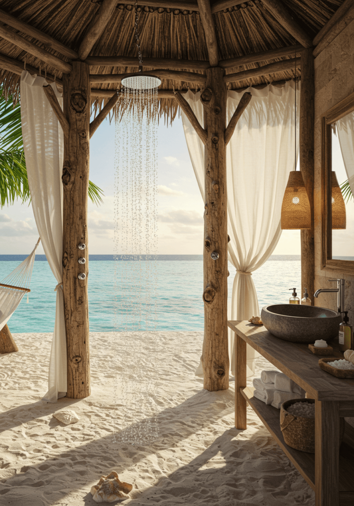 Seaside Paradise Outdoor Shower with Driftwood Accents