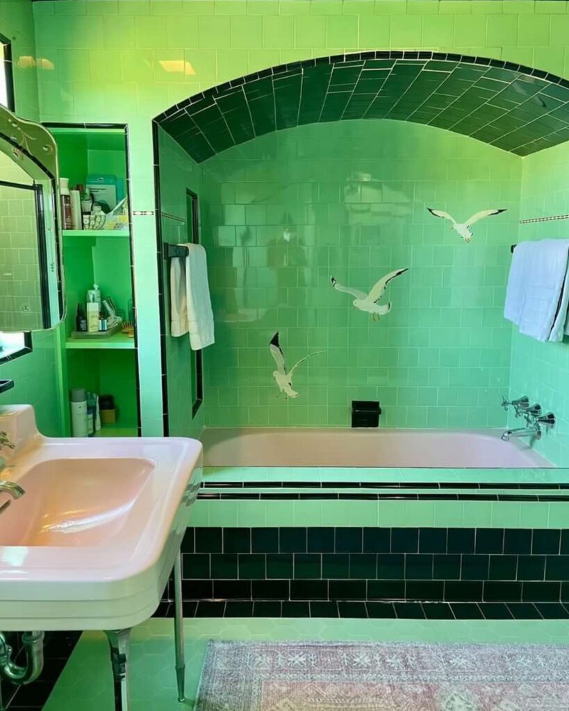 Serene Escape A Lush Green Vintage Bathroom
