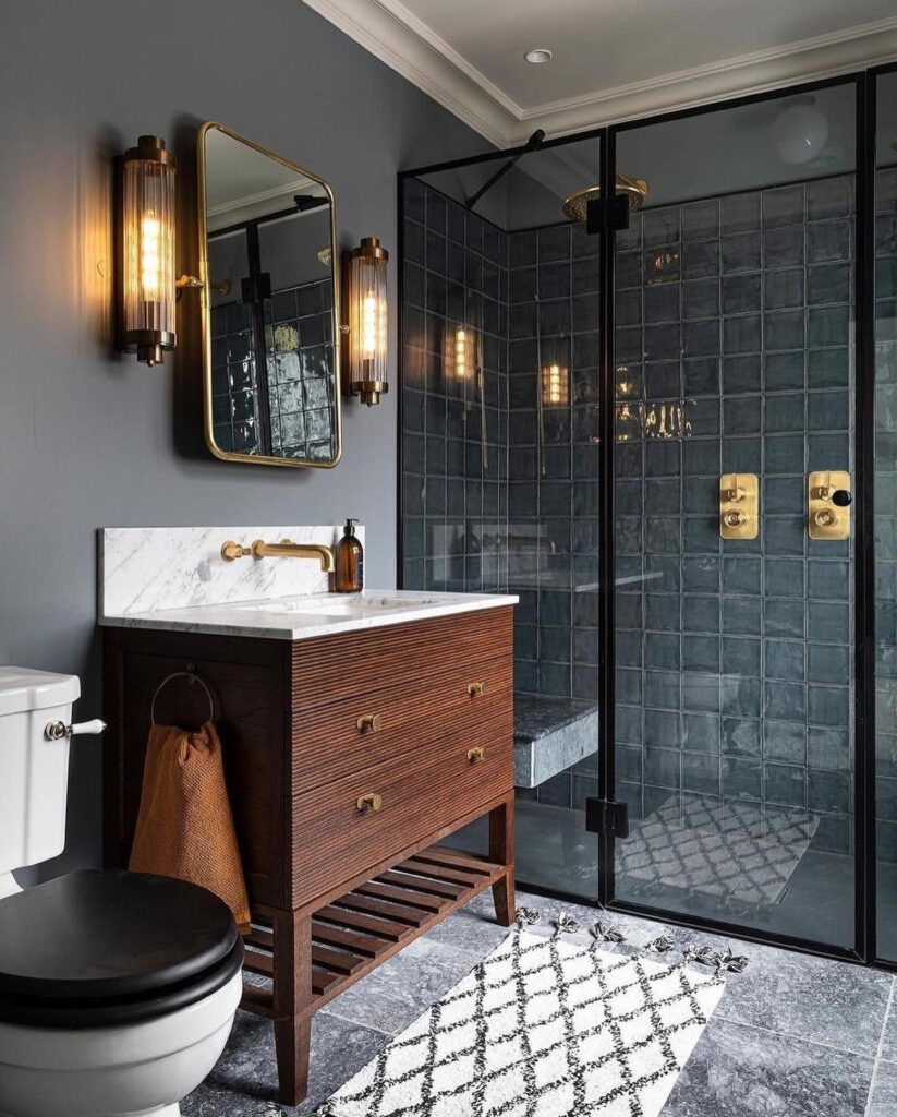 Sophisticated Dark-Toned Bathroom with Vintage Charm

