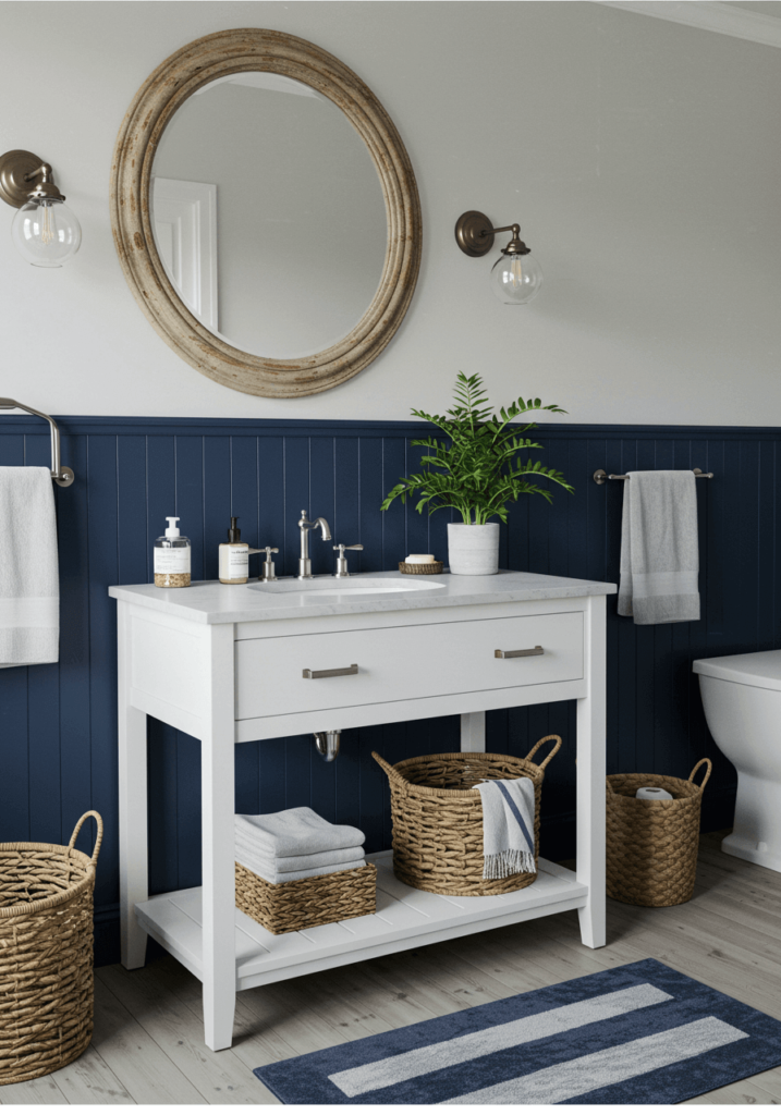 Stylish Bathroom with Navy Wainscoting and a Round Mirror