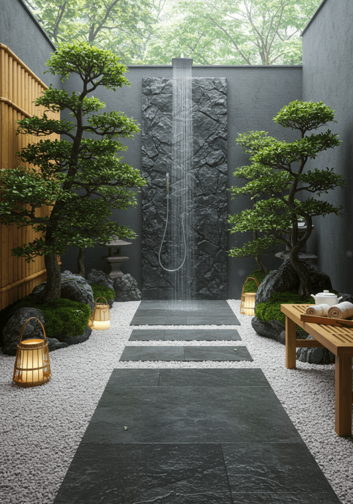Tranquil Zen Bath with Rainfall Shower & Bonsai Trees