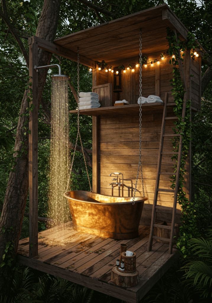 Treehouse Bath with Suspended Copper Tub & Rope Shower