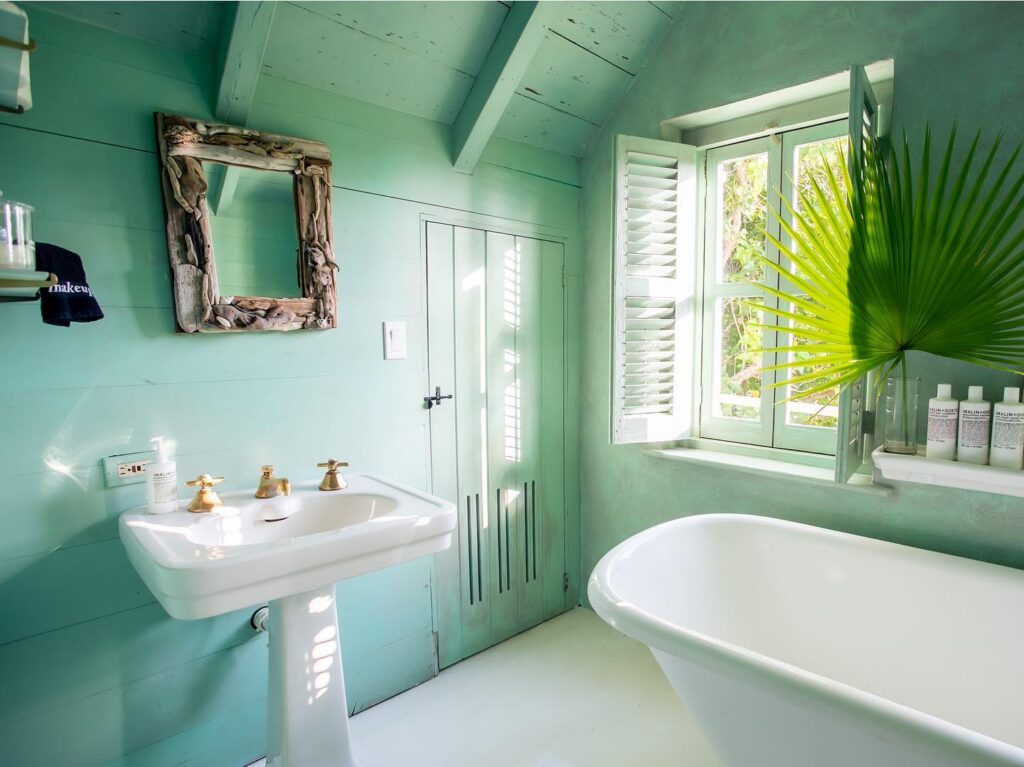 Tropical Serenity in a Seafoam Green Bathroom
