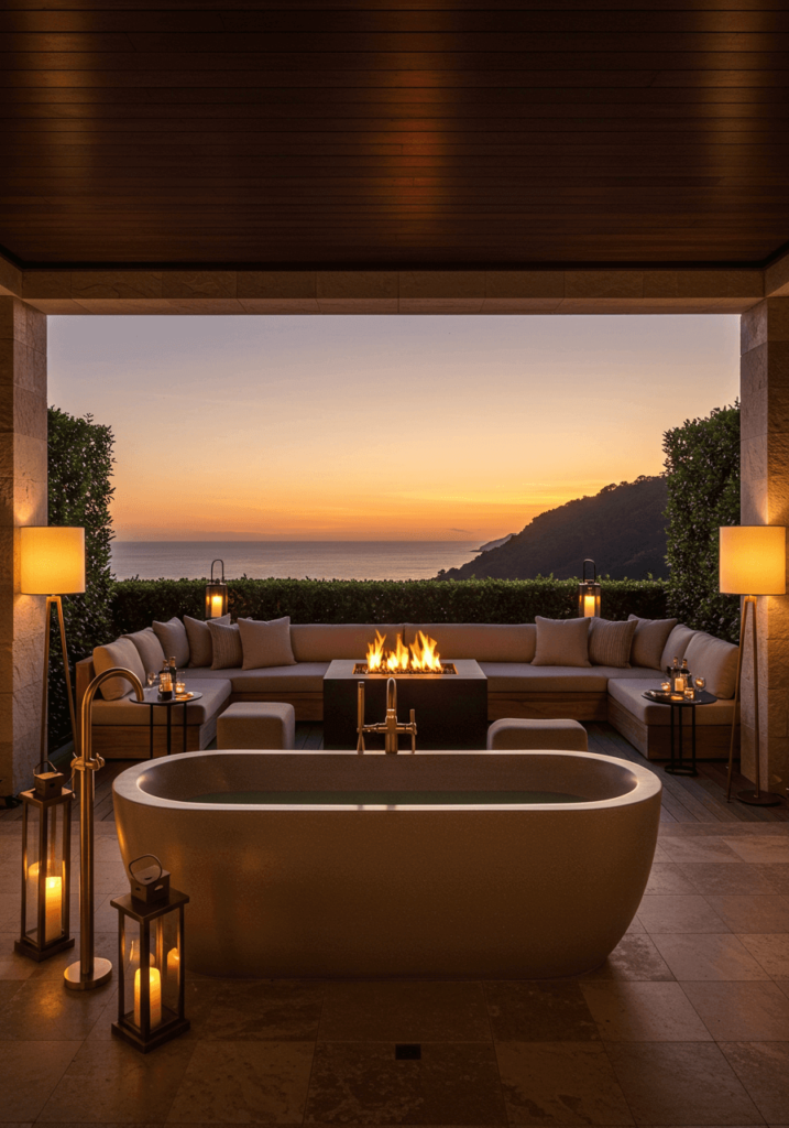 Villa-Style Outdoor Bath with Fire Pit & Gold Accents