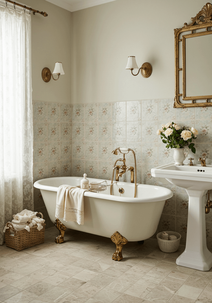Vintage Floral Ivory Tile Bathroom