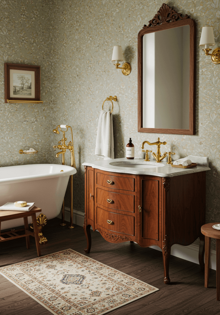 Vintage Guest Bathroom with Floral Wallpaper