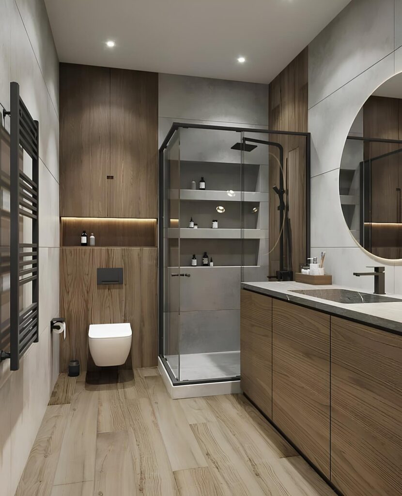 Warm Contemporary Wood & Concrete Bathroom

