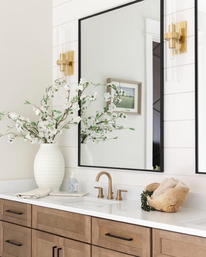 Warm & Inviting Light Wood Vanity with Brass Accents

