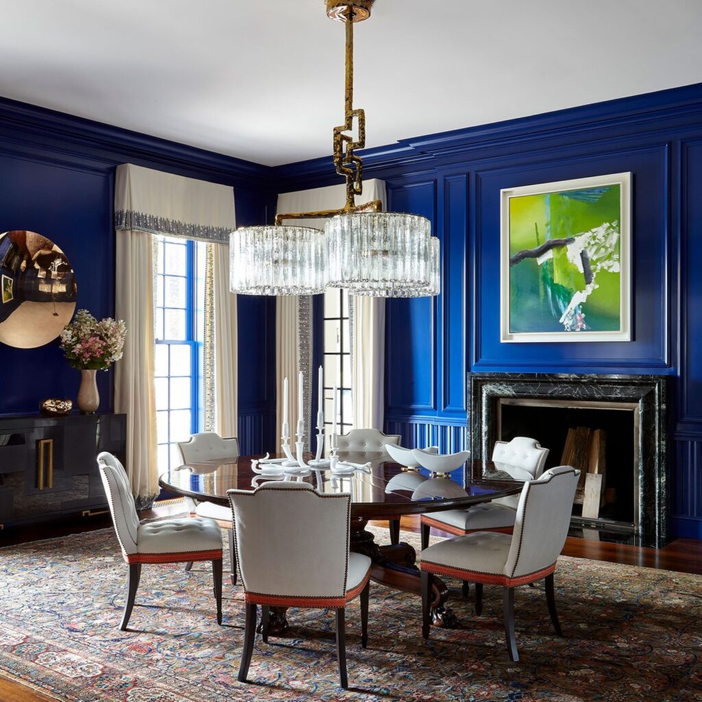 Bold Blue Dining Room with Eclectic Accents

