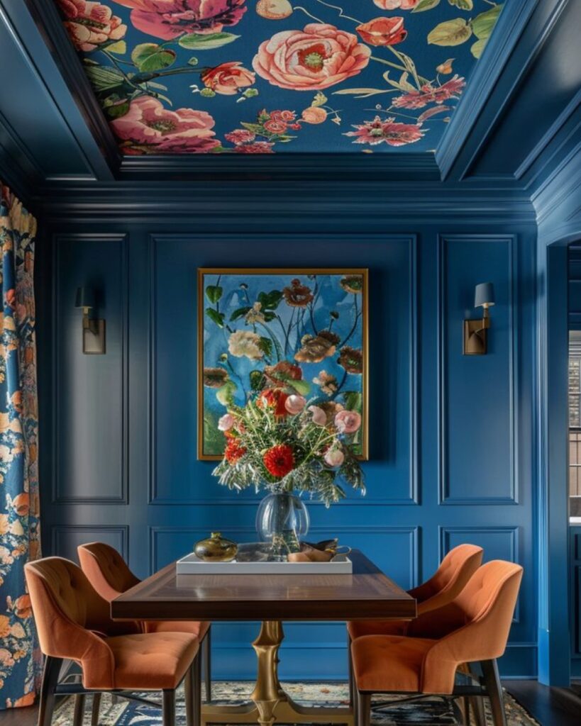 Bold and Intimate Dining Nook with Floral Ceiling

