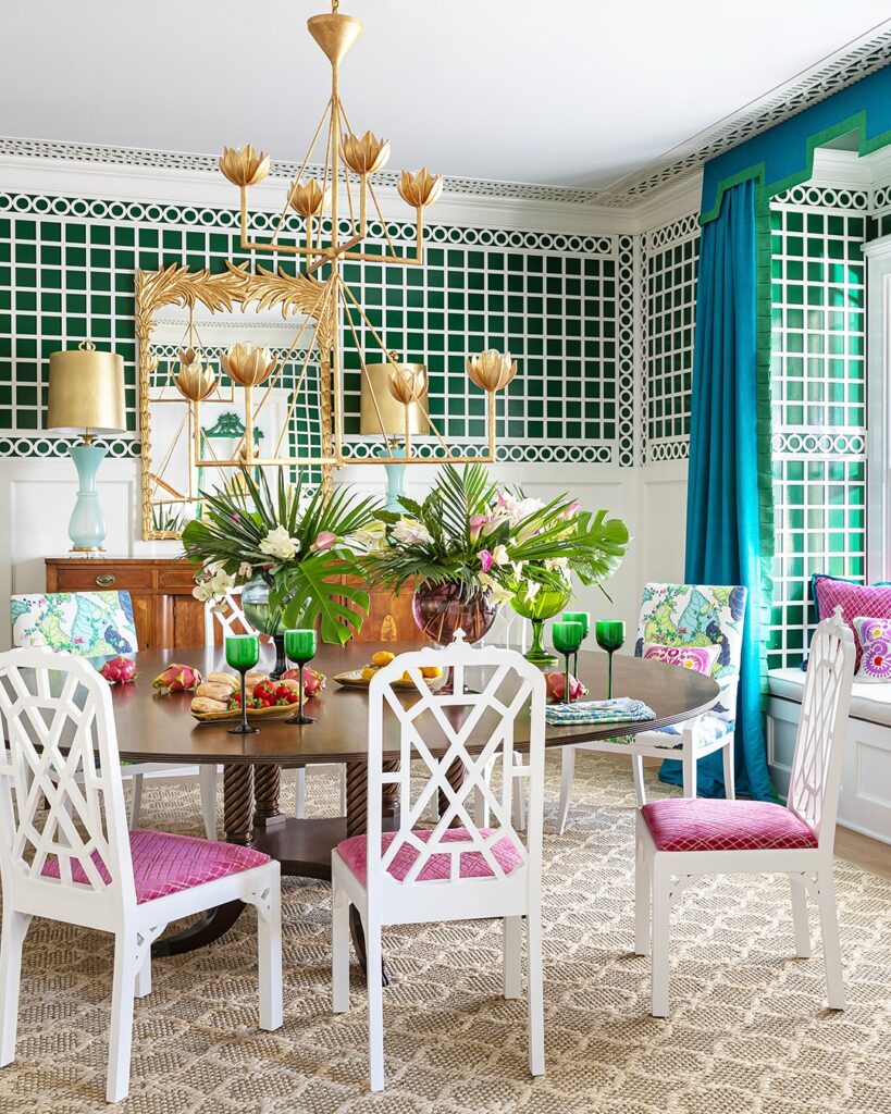 Bold and Tropical Dining Room with Geometric Wallpaper

