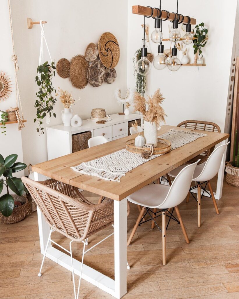 Bright Bohemian Dining Area with Natural Textures


