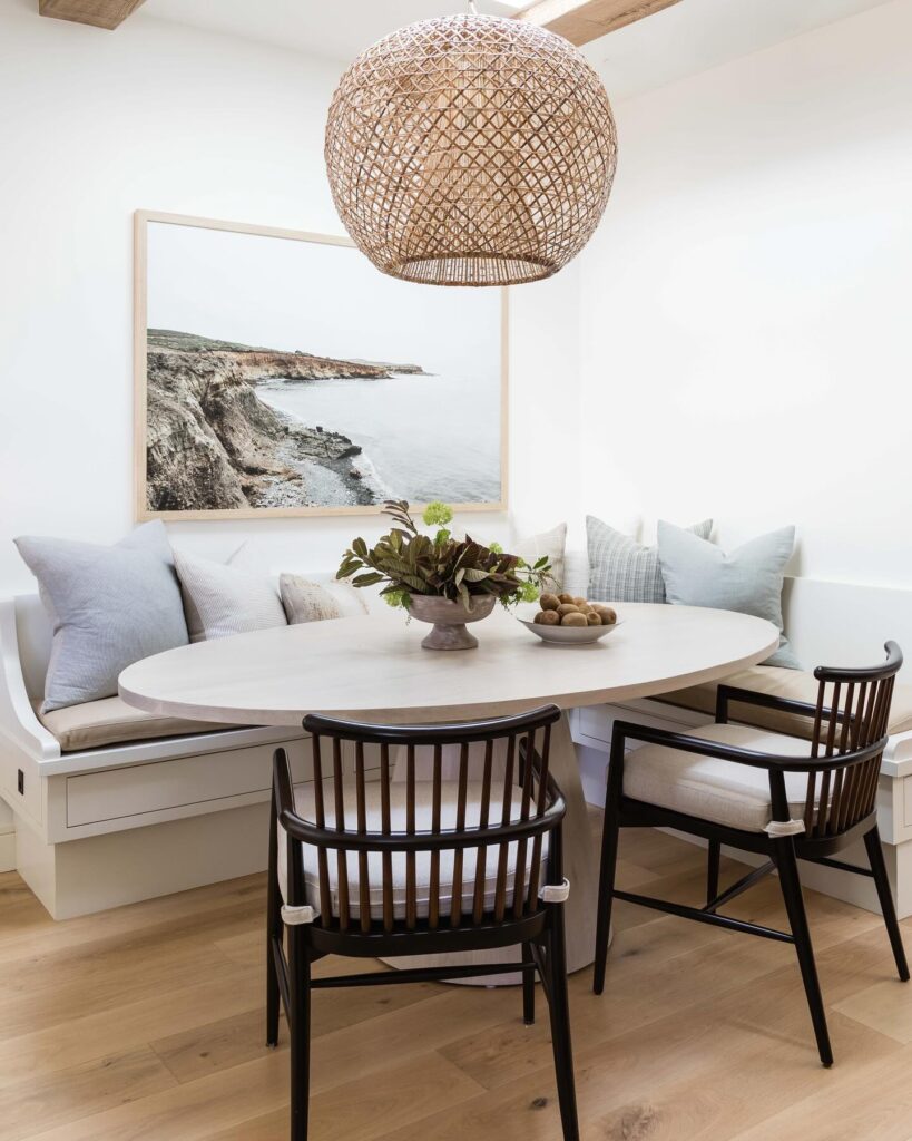 Bright Coastal Dining Nook with Woven Pendant

