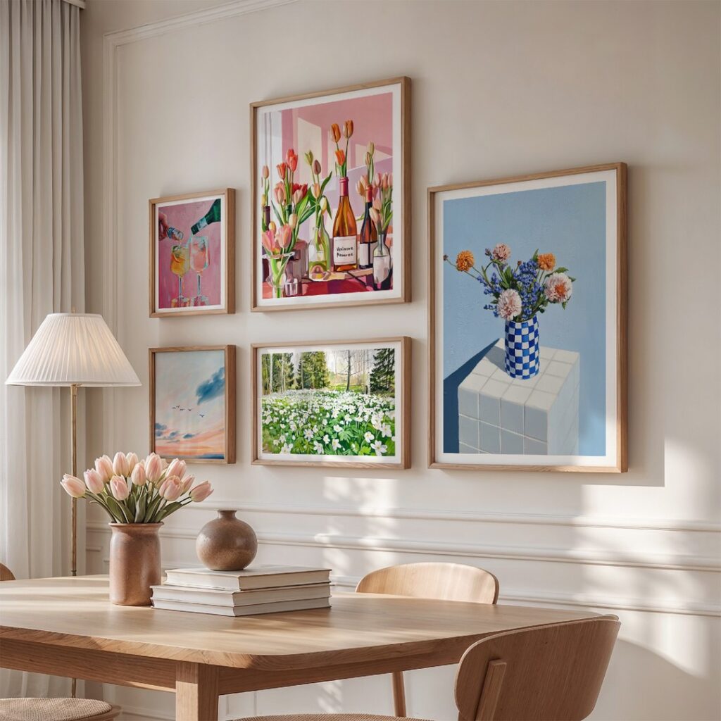 Bright Dining Nook with Eclectic Gallery Wall

