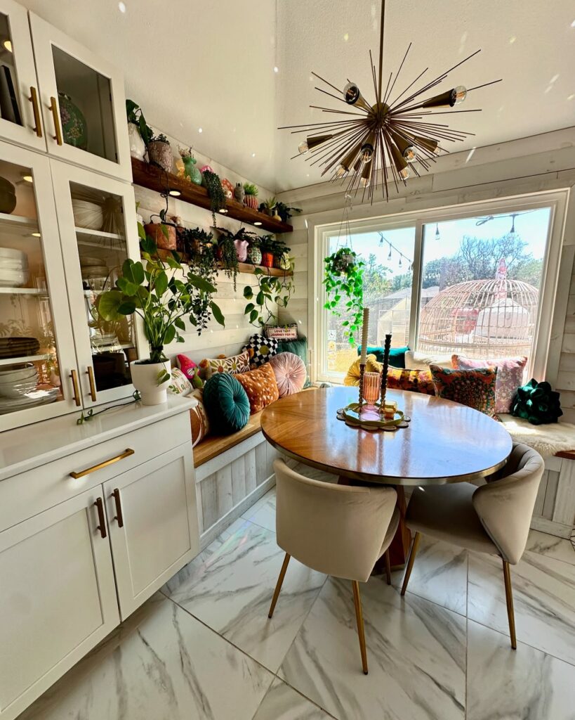 Bright and Bohemian Dining Nook with Lush Plants

