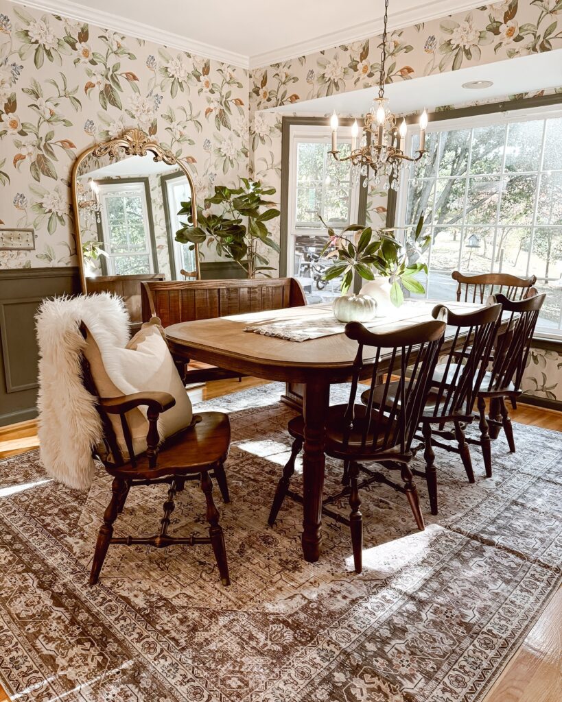 Charming Cottagecore Dining with Floral Wallpaper
