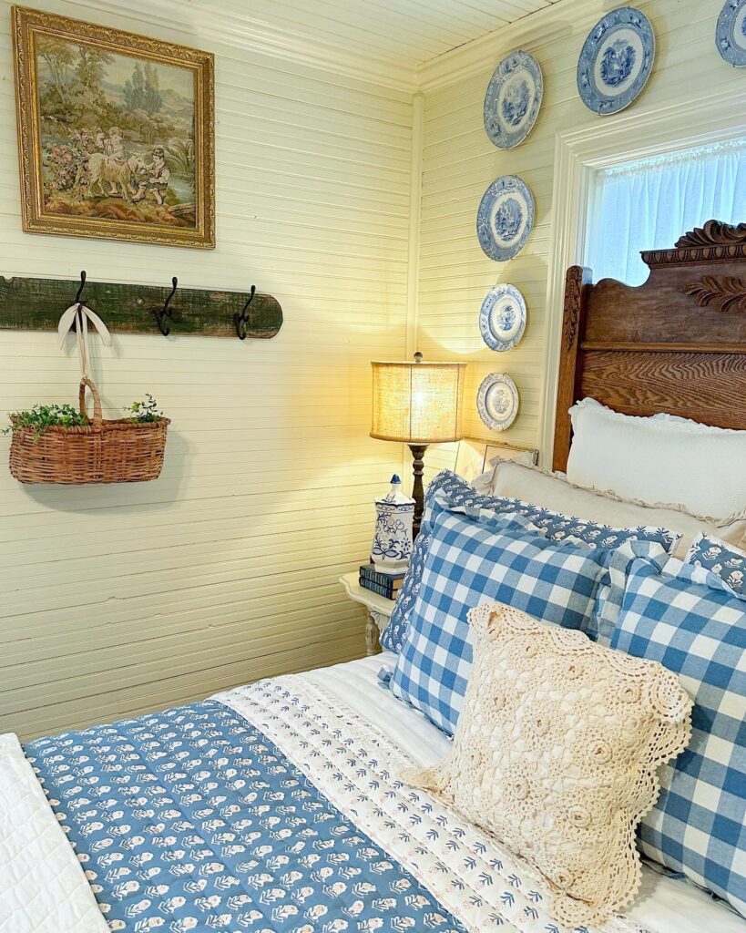 Charming Country Bedroom with Blue and White Accents

