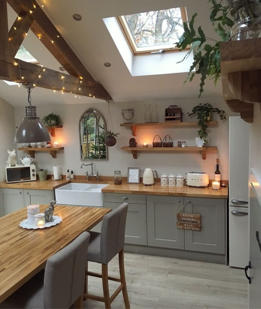 Cozy Farmhouse Kitchen with Skylight and String Lights

