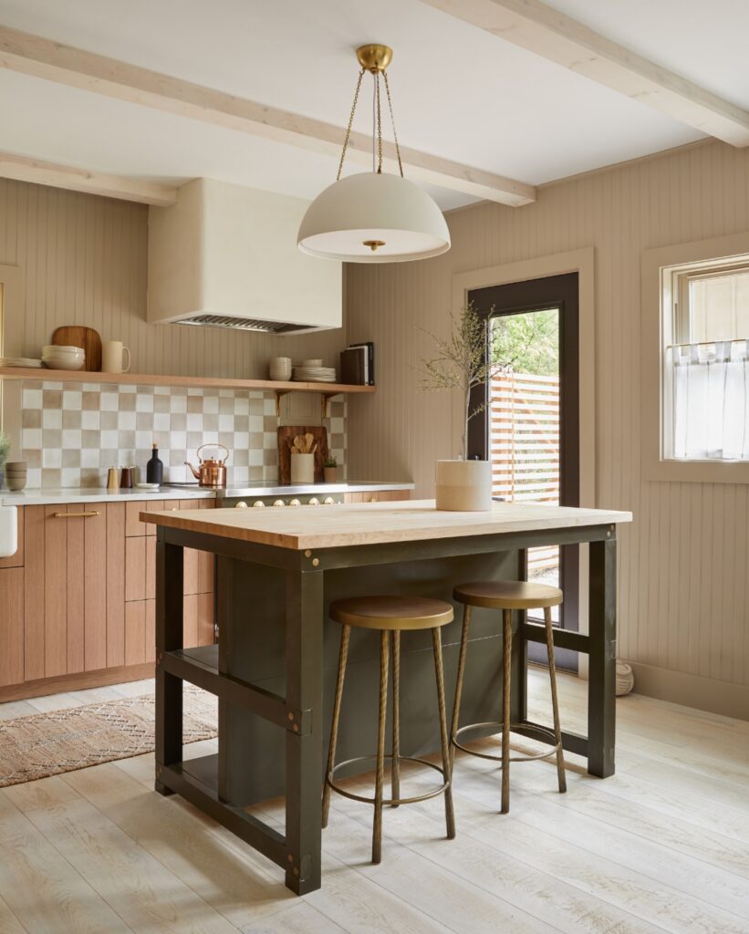 Cozy and Rustic Kitchen Island with Pendant Lighting

