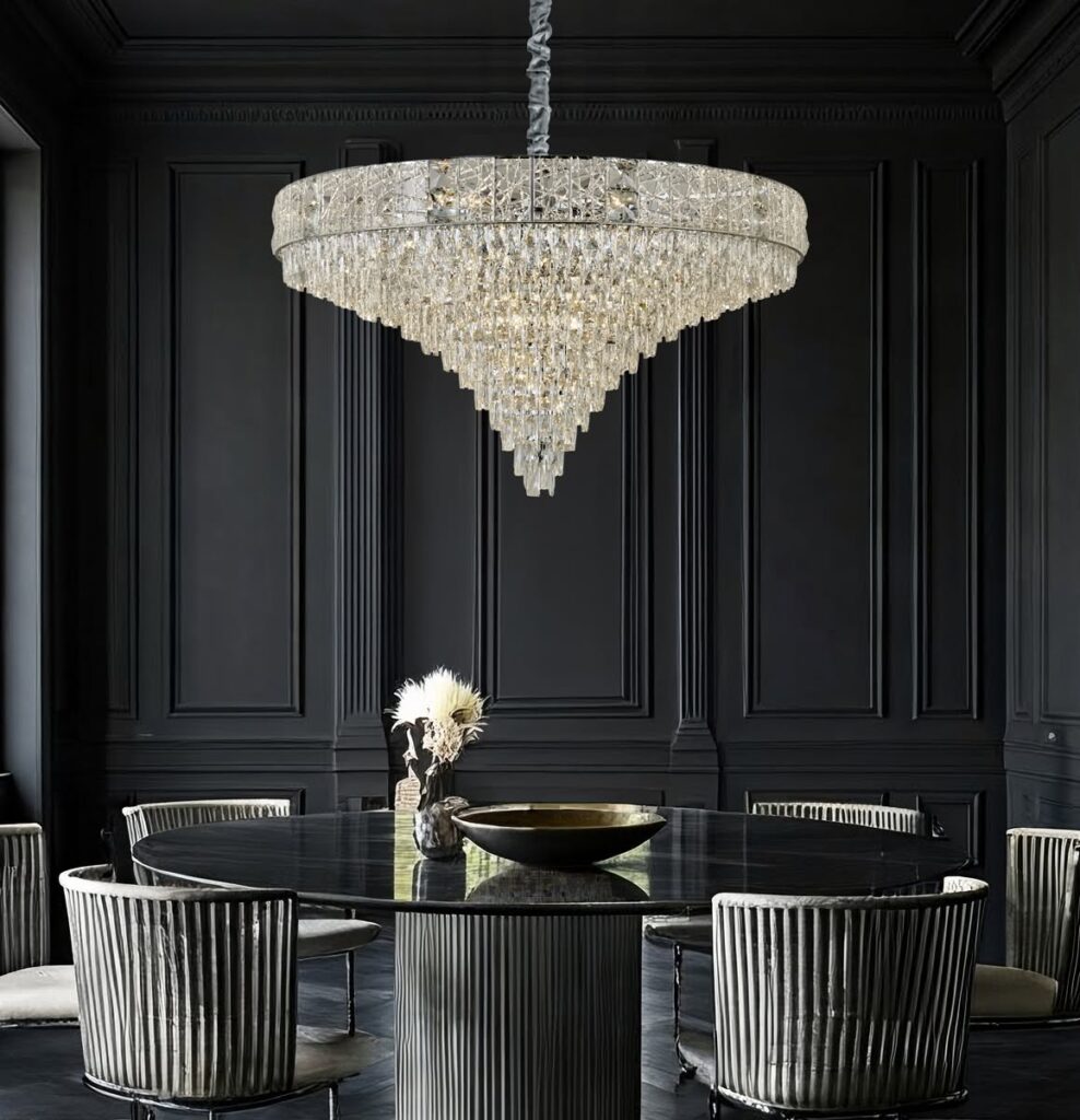 Dramatic and Luxurious Dining Room with Cascading Chandelier

