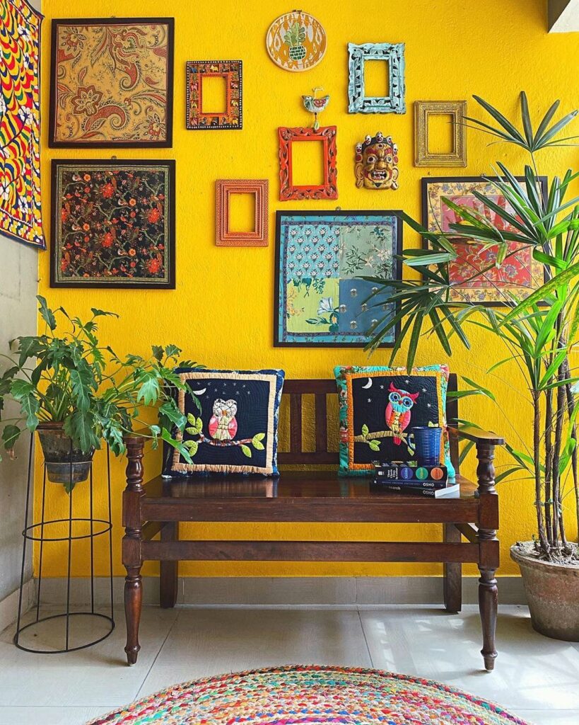 Eclectic Yellow Wall with Bohemian Bench

