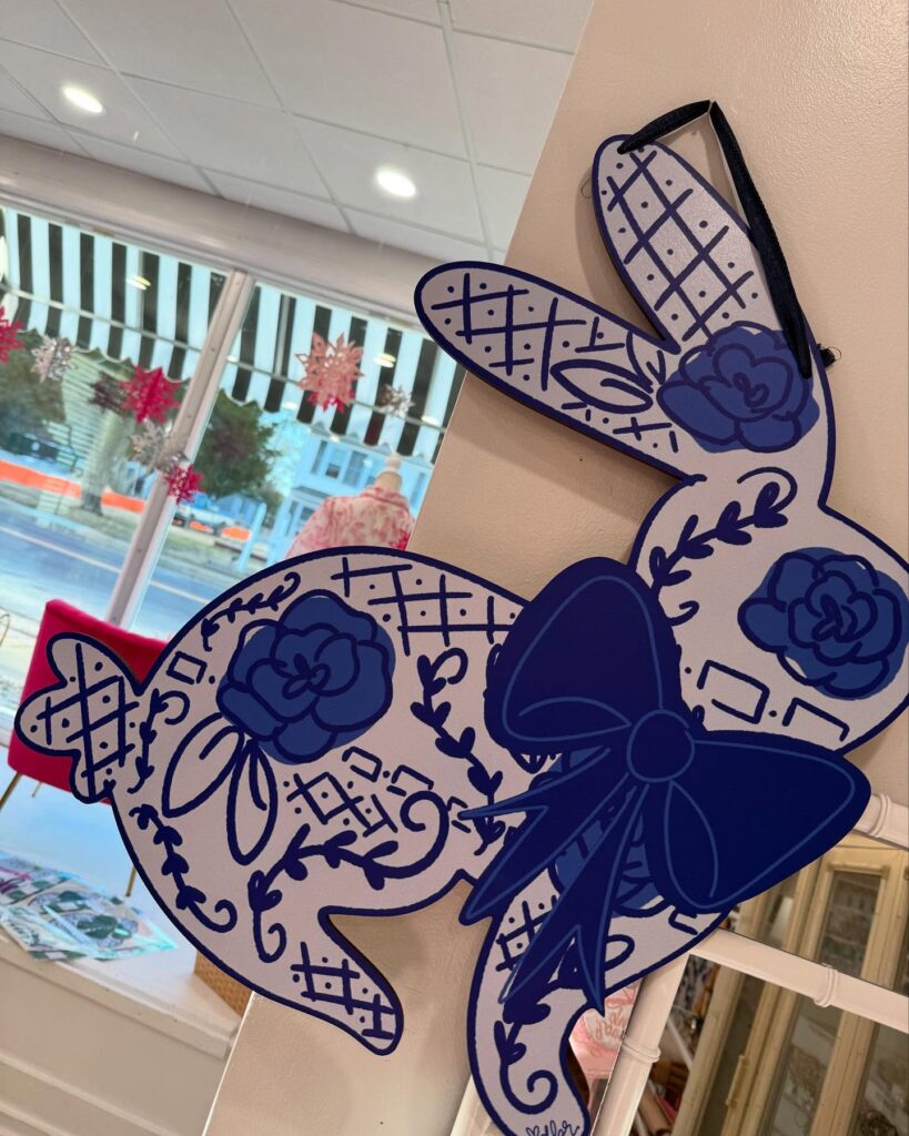 Elegant Blue and White Easter Bunny Door Hanger

