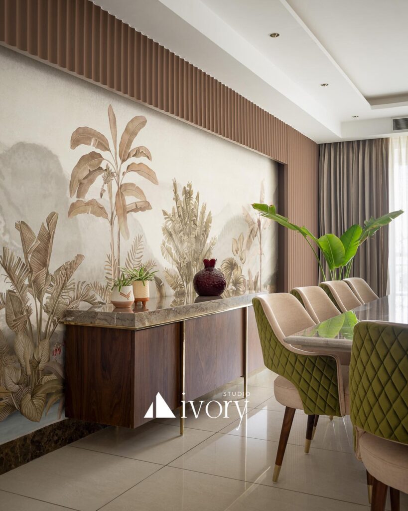 Elegant Dining Area with Tropical Mural and Modern Flair

