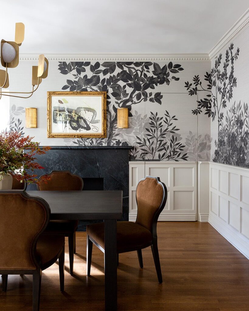 Elegant Dining Room with Botanical Wallpaper Mural

