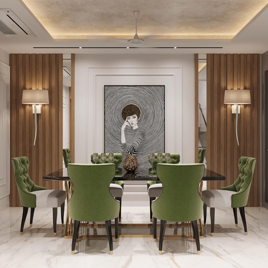 Elegant Dining Room with Striking Portrait Art

