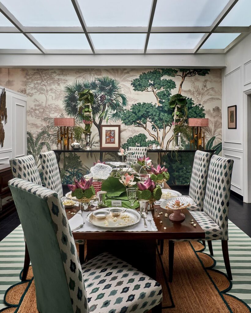 Elegant Dining Room with Tropical Mural and Skylight

