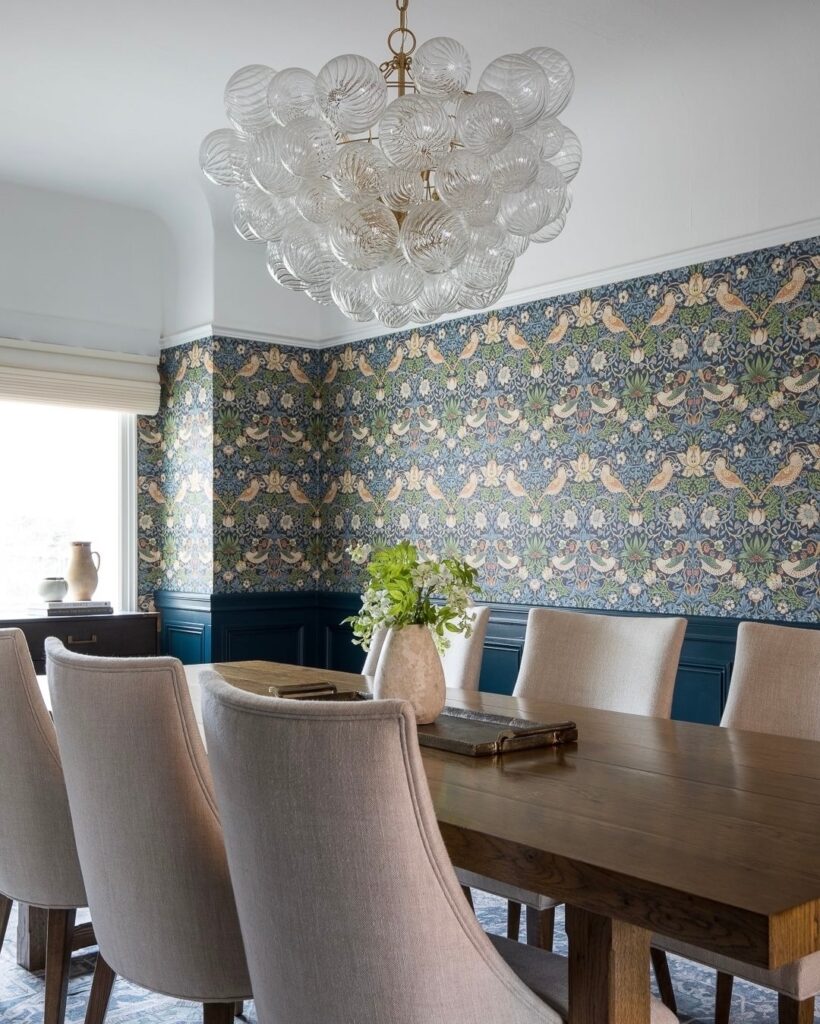 Elegant Dining with Whimsical Wallpaper
