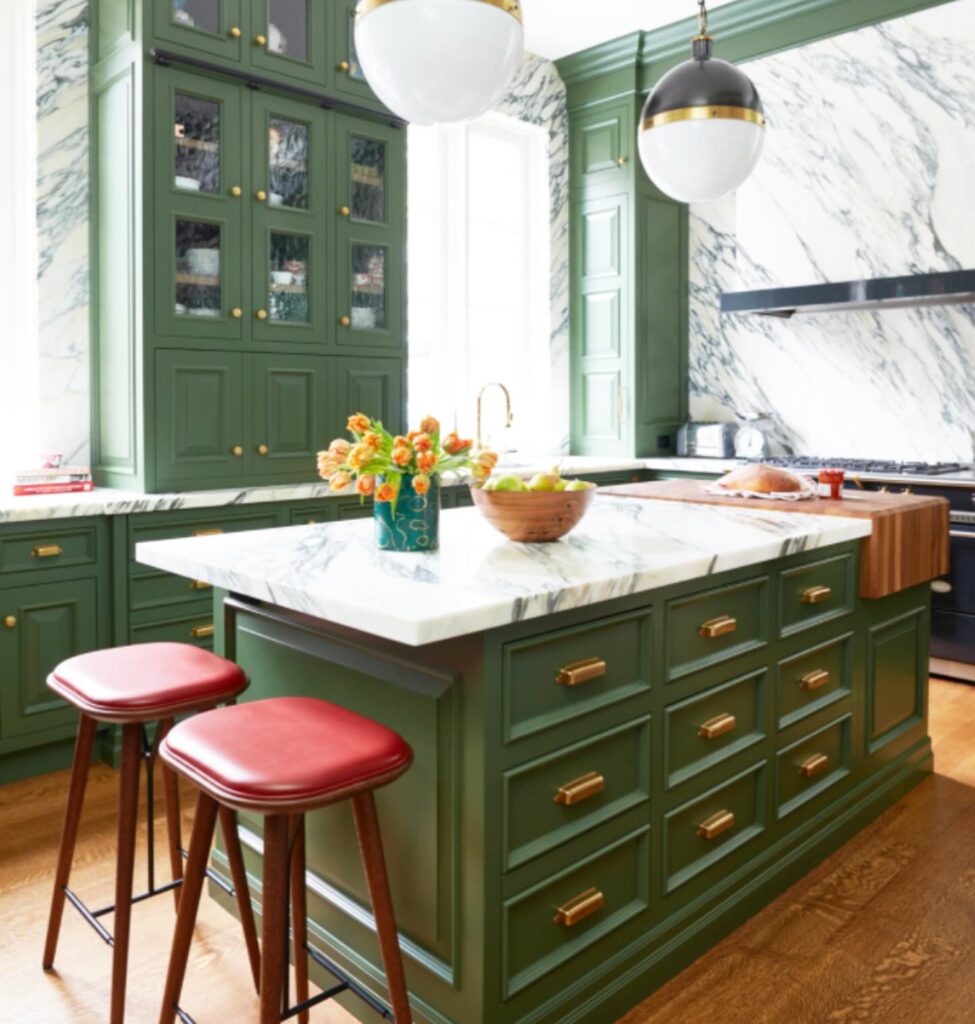 Elegant Green Kitchen with Marble Accents

