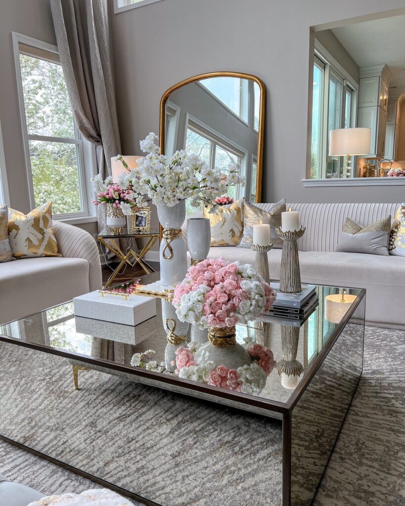Elegant Living Room with Mirrored Coffee Table

