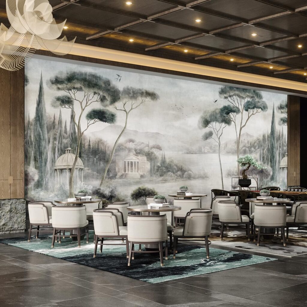 Elegant Restaurant Dining Area with Scenic Mural

